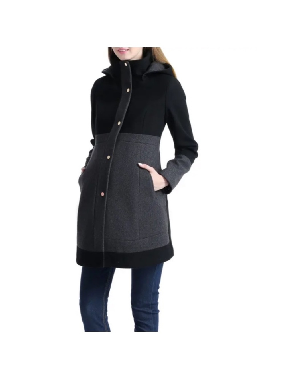 Momo Maternity Wool Empire Waist Colorblock Peacoat Charcoal Black L